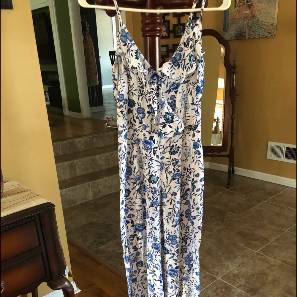 Blue and white floral jumpsuit